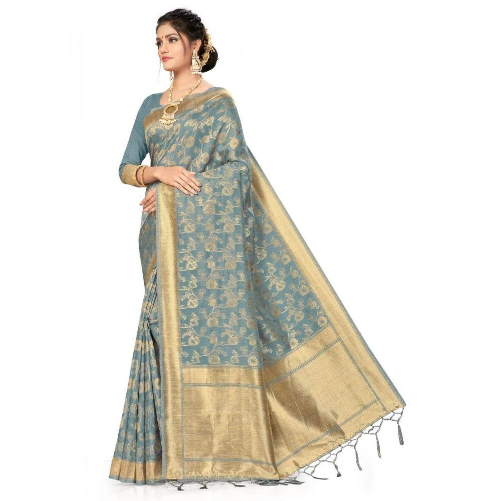 Generic Women's Banarasi (Spun Cotton) Saree (Grey,5-6 Mtrs) - MYLUXURY LANE ENTERPRISE