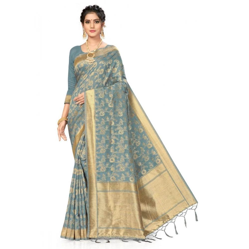 Generic Women's Banarasi (Spun Cotton) Saree (Grey,5-6 Mtrs) - MYLUXURY LANE ENTERPRISE