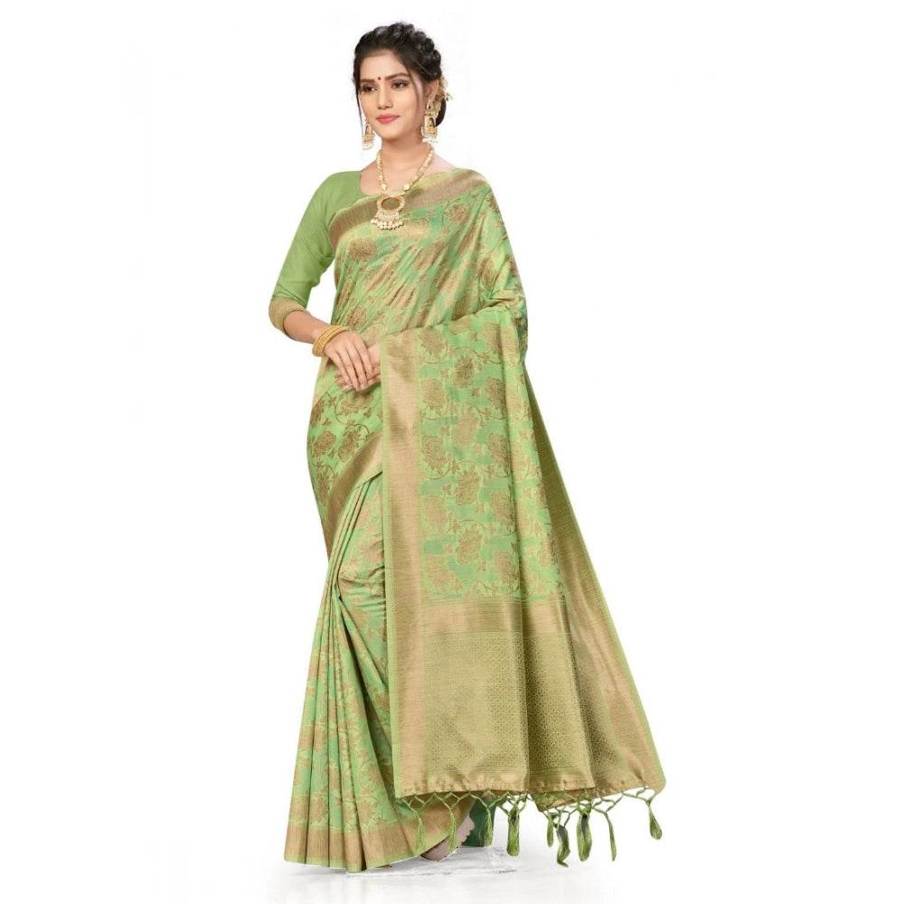 Generic Women's Banarasi (Spun Cotton) Saree (Pista Green,5-6 Mtrs) - MYLUXURY LANE ENTERPRISE