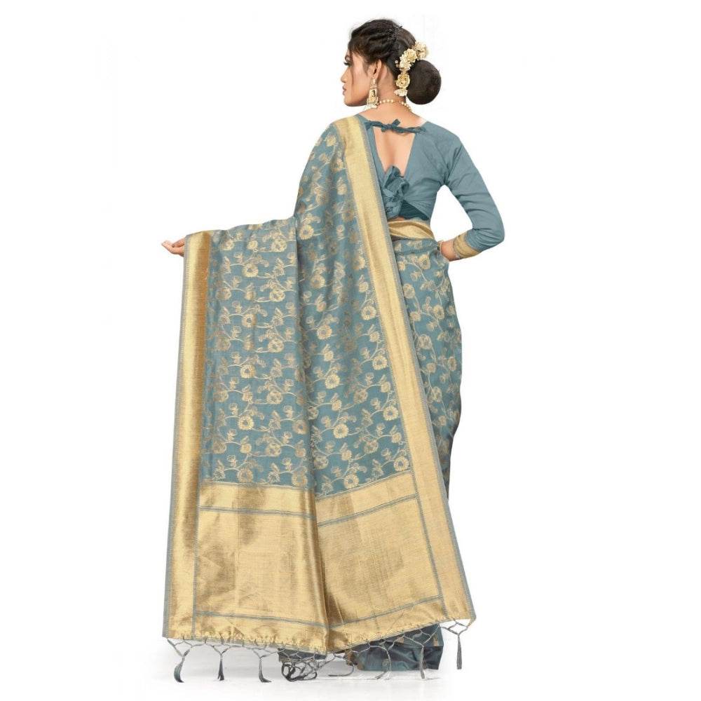 Generic Women's Banarasi (Spun Cotton) Saree (Grey,5-6 Mtrs) - MYLUXURY LANE ENTERPRISE