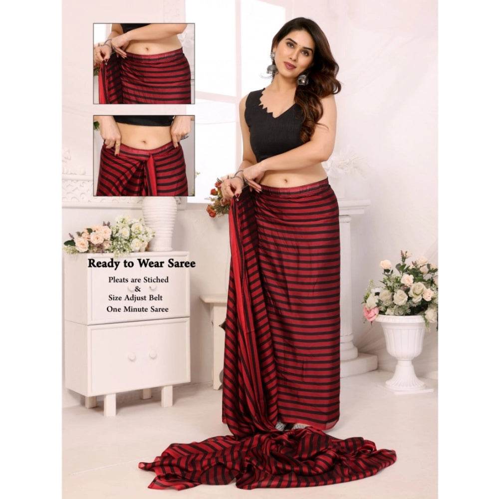 Generic Women's Black Berry Striped Ready-to-Wear Saree With Unstitched Blouse 5.5 Mtr (Red-Black) - MYLUXURY LANE ENTERPRISE