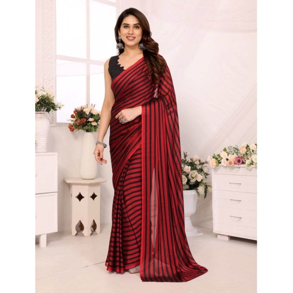 Generic Women's Black Berry Striped Ready-to-Wear Saree With Unstitched Blouse 5.5 Mtr (Red-Black) - MYLUXURY LANE ENTERPRISE