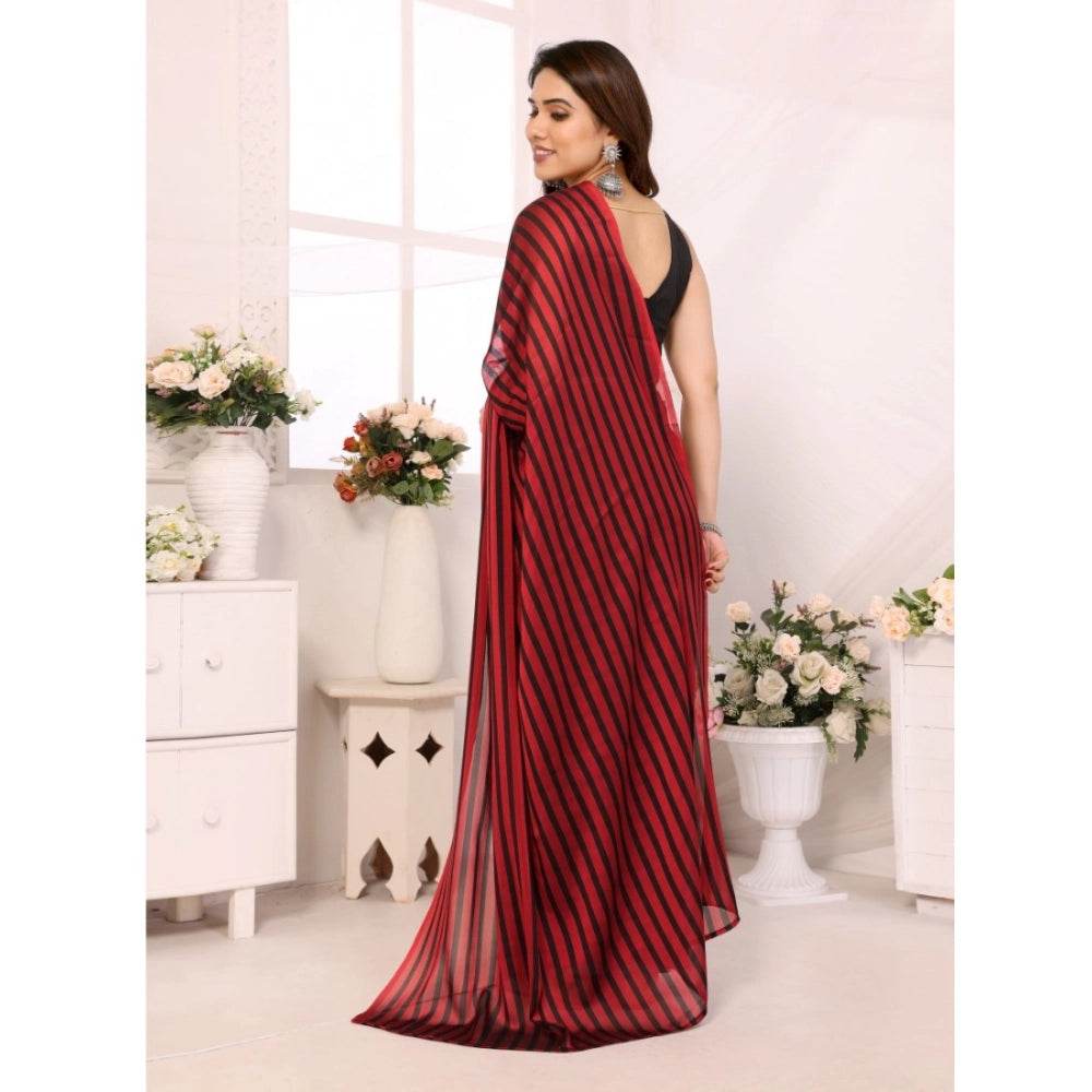 Generic Women's Black Berry Striped Ready-to-Wear Saree With Unstitched Blouse 5.5 Mtr (Red-Black) - MYLUXURY LANE ENTERPRISE