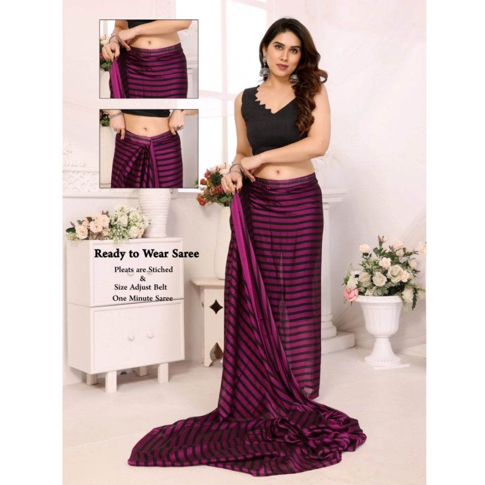 Generic Women's Black Berry Striped Ready-to-Wear Saree With Unstitched Blouse 5.5 Mtr (Purple-Black) - MYLUXURY LANE ENTERPRISE