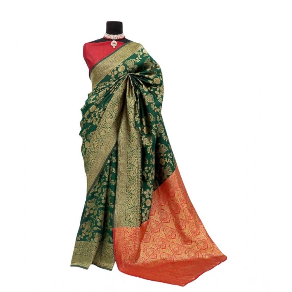 Generic Women's Banarasi Printed Saree With Unstitched Blouse 5.5Mtr (Green) - MYLUXURY LANE ENTERPRISE