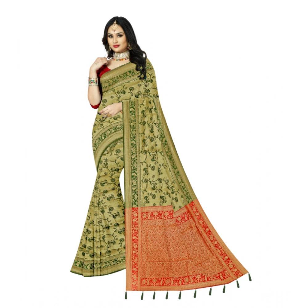 Generic Women's Banarasi Printed Saree With Unstitched Blouse 5.5Mtr (Golden) - MYLUXURY LANE ENTERPRISE