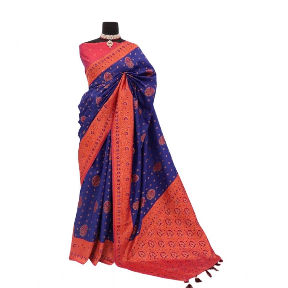 Generic Women's Banarasi Printed Saree With Unstitched Blouse 5.5Mtr (Navy Blue) - MYLUXURY LANE ENTERPRISE