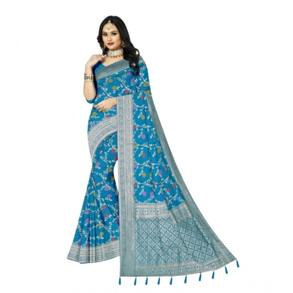Generic Women's Banarasi Printed Saree With Unstitched Blouse 5.5Mtr (Aqua Blue) - MYLUXURY LANE ENTERPRISE