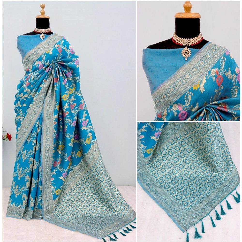 Generic Women's Banarasi Printed Saree With Unstitched Blouse 5.5Mtr (Aqua Blue) - MYLUXURY LANE ENTERPRISE
