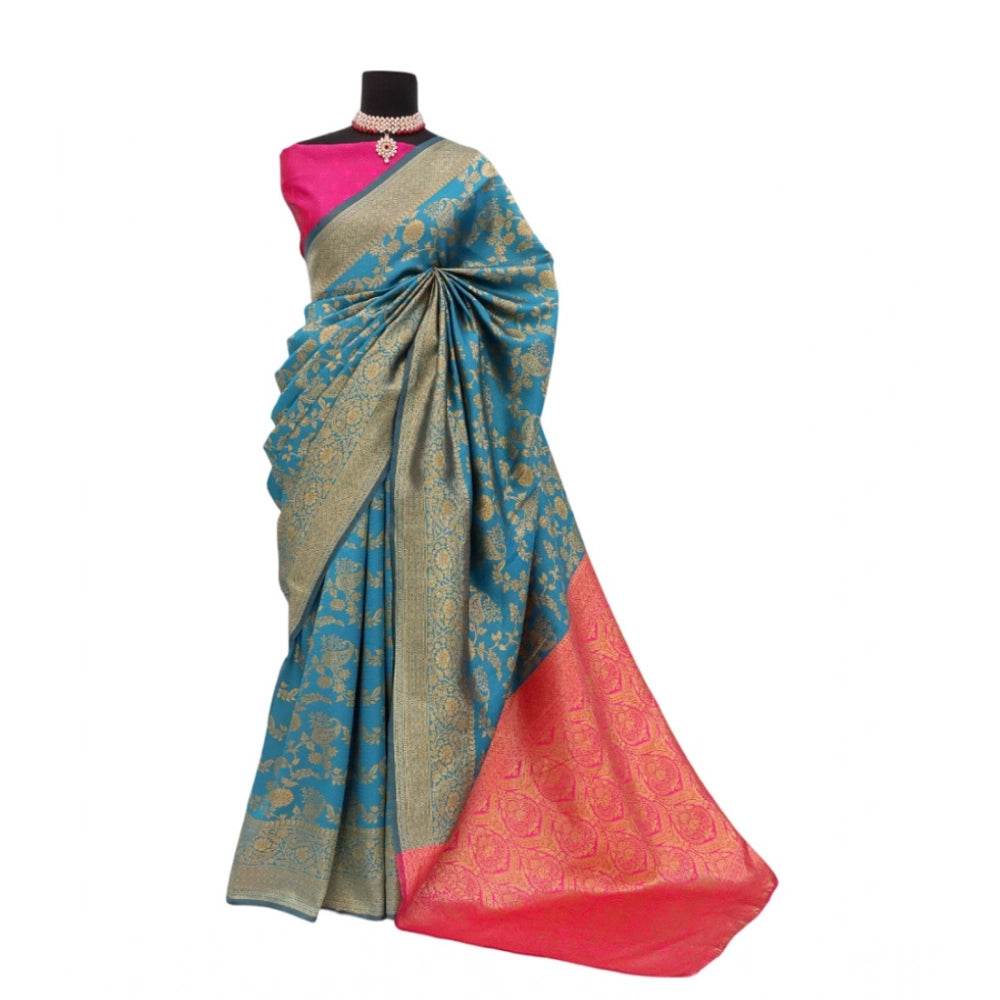 Generic Women's Banarasi Printed Saree With Unstitched Blouse 5.5Mtr (Aqua Blue) - MYLUXURY LANE ENTERPRISE