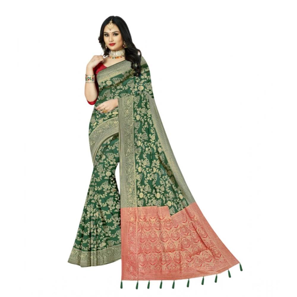 Generic Women's Banarasi Printed Saree With Unstitched Blouse 5.5Mtr (Green) - MYLUXURY LANE ENTERPRISE