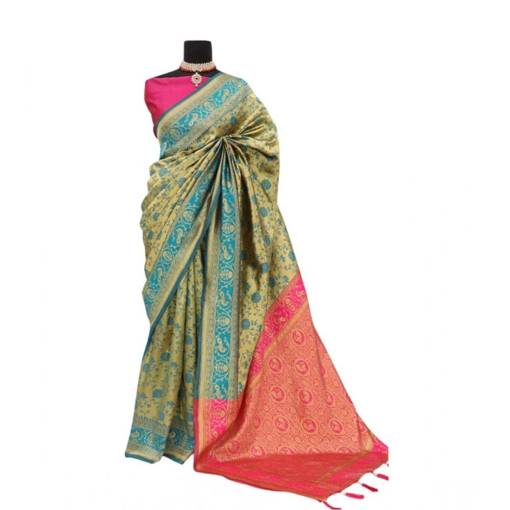 Generic Women's Banarasi Printed Saree With Unstitched Blouse 5.5Mtr (Golden) - MYLUXURY LANE ENTERPRISE