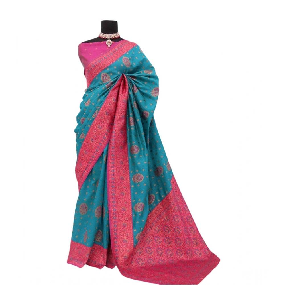 Generic Women's Banarasi Printed Saree With Unstitched Blouse 5.5Mtr (Aqua Blue) - MYLUXURY LANE ENTERPRISE