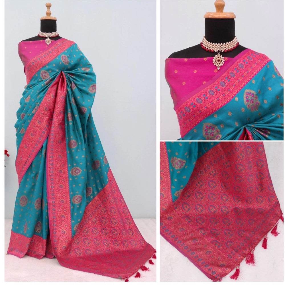 Generic Women's Banarasi Printed Saree With Unstitched Blouse 5.5Mtr (Aqua Blue) - MYLUXURY LANE ENTERPRISE