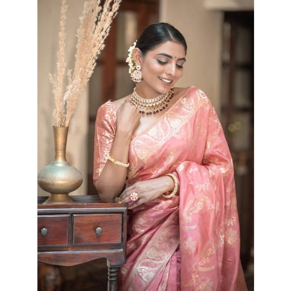 Generic Women's Art Silk Embellished Kanjivaram Saree With Unstitched Blouse (5.5Mtr, Peach) - MYLUXURY LANE ENTERPRISE