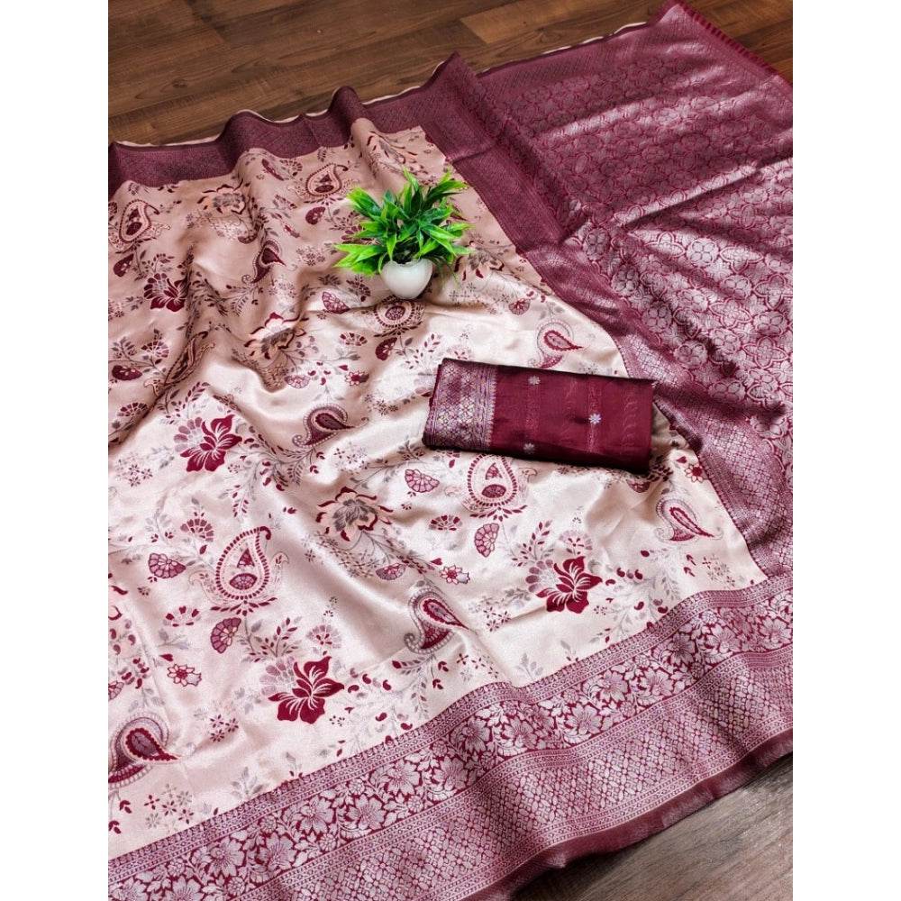 Generic Women's Banarasi Jacquard Printed Saree With Unstitched Blouse 5.5Mtr (Wine) - MYLUXURY LANE ENTERPRISE