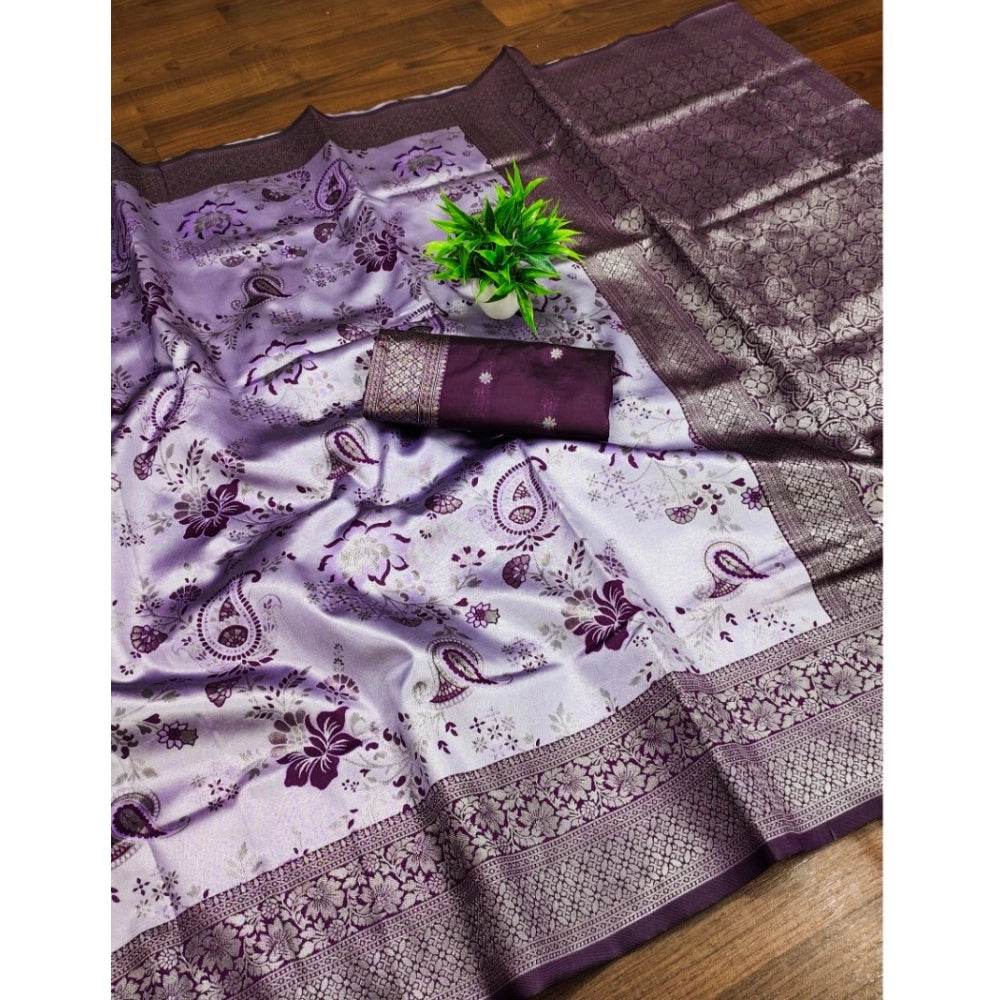 Generic Women's Banarasi Jacquard Printed Saree With Unstitched Blouse 5.5Mtr (Purple) - MYLUXURY LANE ENTERPRISE