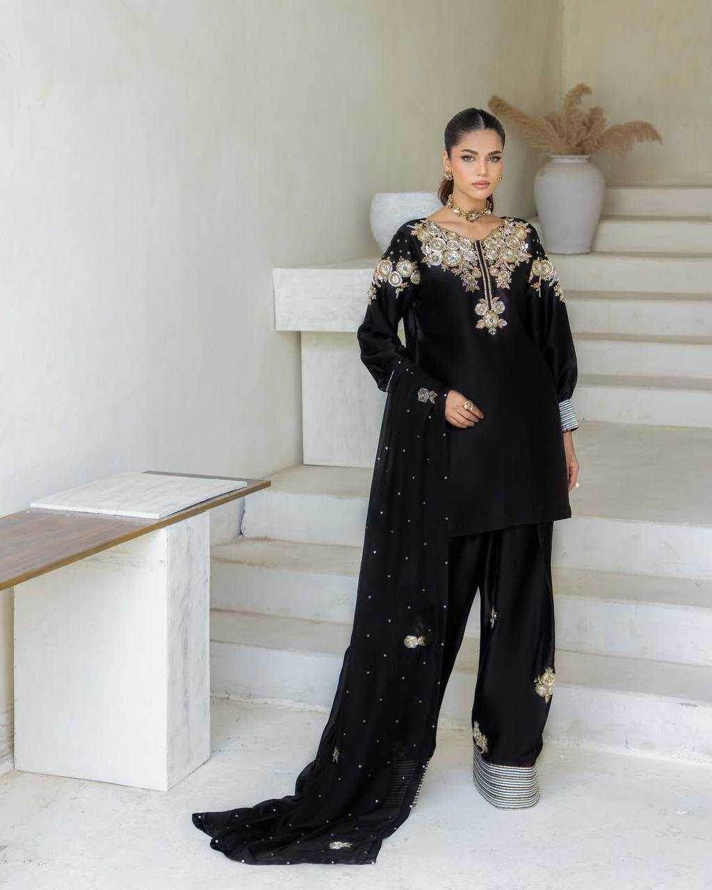Crepe Silk Embroidery Suits Palazzo Black Salwar Suit - MYLUXURY LANE ENTERPRISE