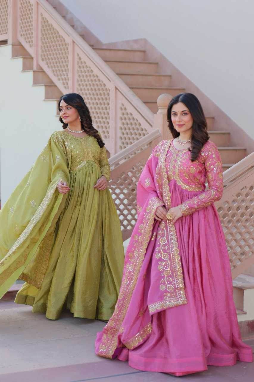 Crush Silk Embroidery Long Gowns - MYLUXURY LANE ENTERPRISE