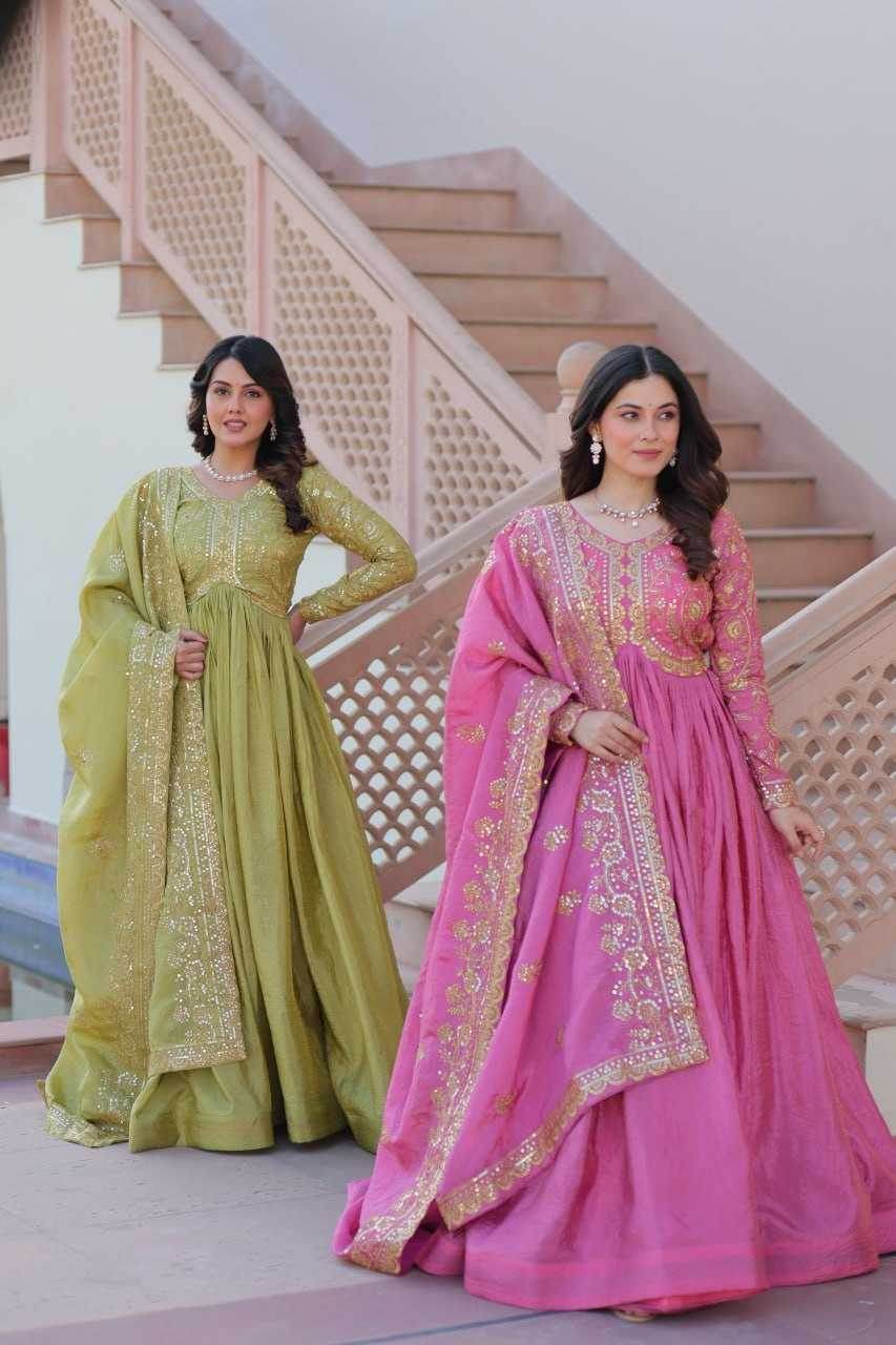 Crush Silk Embroidery Long Gowns - MYLUXURY LANE ENTERPRISE