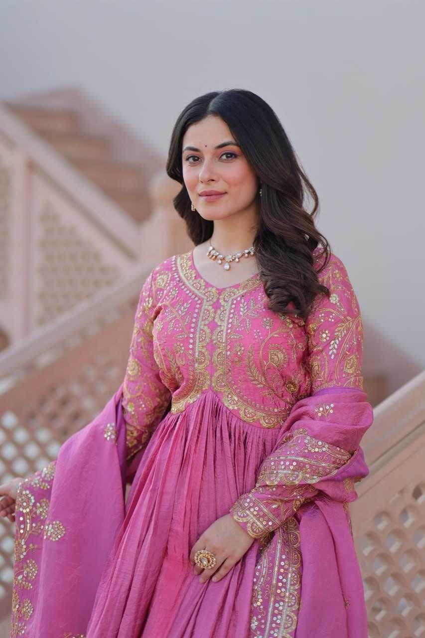 Crush Silk Embroidery Long Gowns - MYLUXURY LANE ENTERPRISE