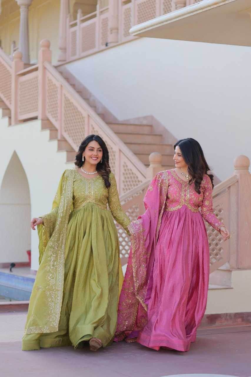 Crush Silk Embroidery Long Gowns - MYLUXURY LANE ENTERPRISE