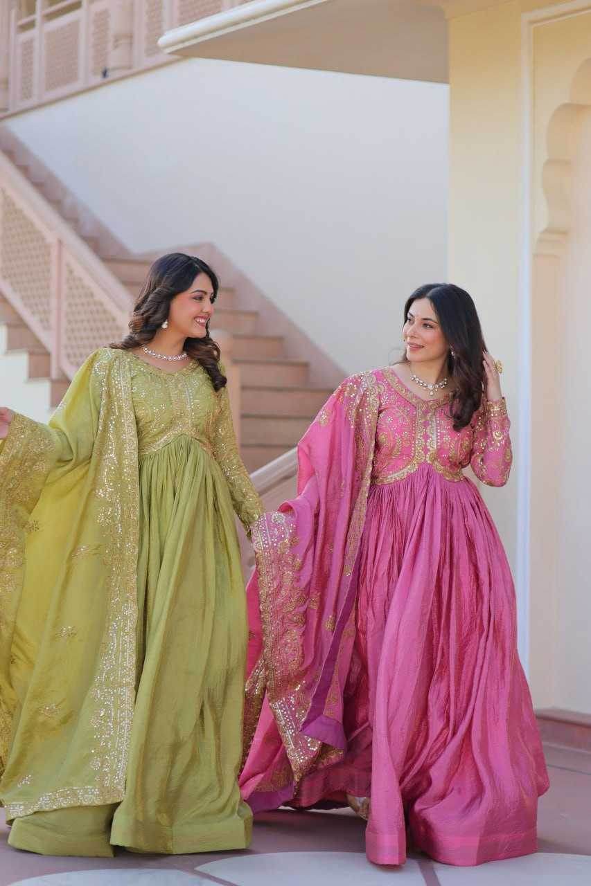 Crush Silk Embroidery Long Gowns - MYLUXURY LANE ENTERPRISE