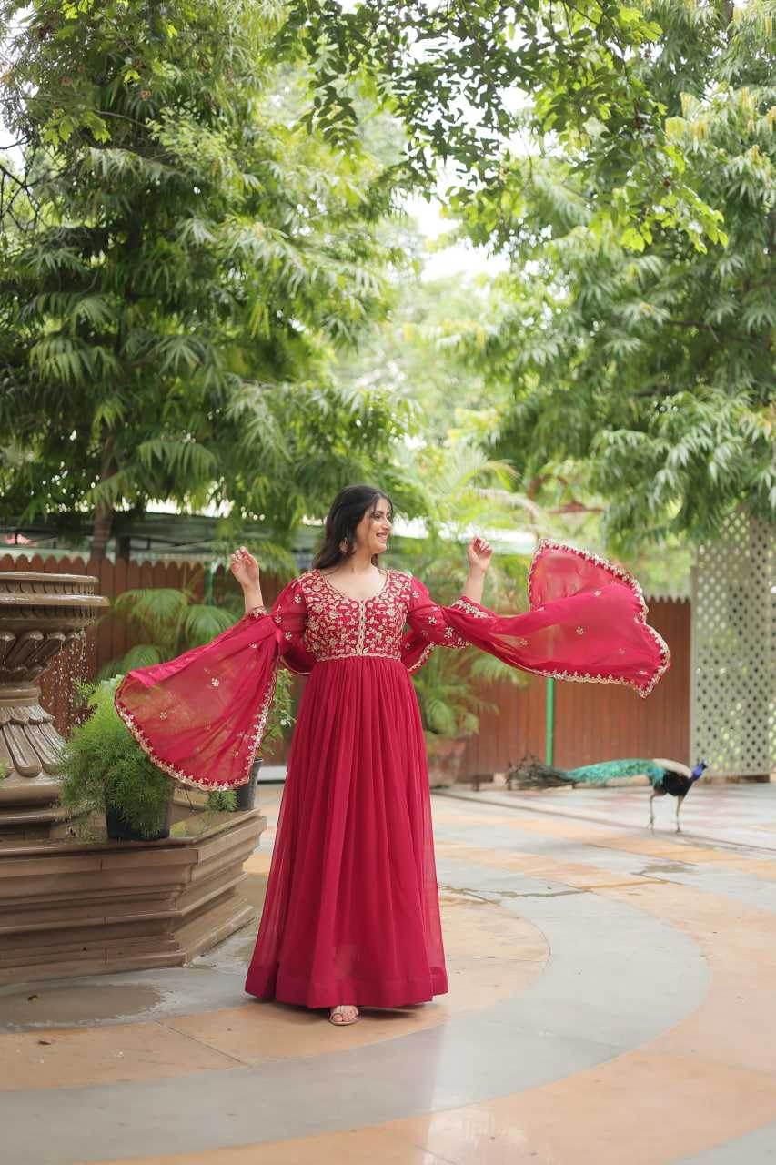 Faux Blooming Embroidery Anarkali Long Gown WITH-DUPATTA - MYLUXURY LANE ENTERPRISE