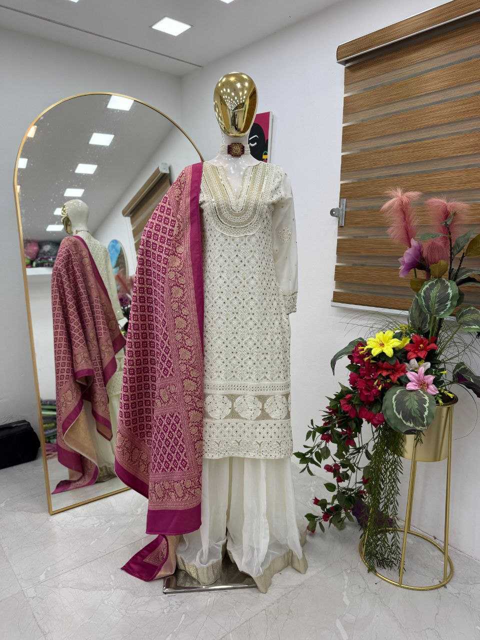 Faux Georgette Embroidered Kurti With Palazzo