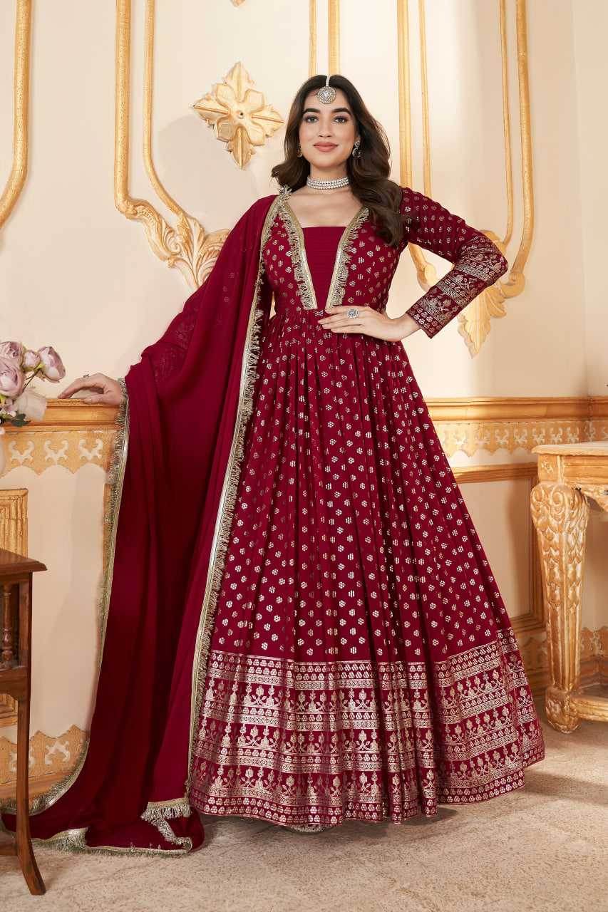 Faux Georgette Long Red Gown - MYLUXURY LANE ENTERPRISE