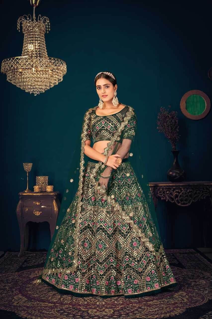 Embroidered Gota Patti Sequins Lehenga in Dark Green - MYLUXURY LANE ENTERPRISE