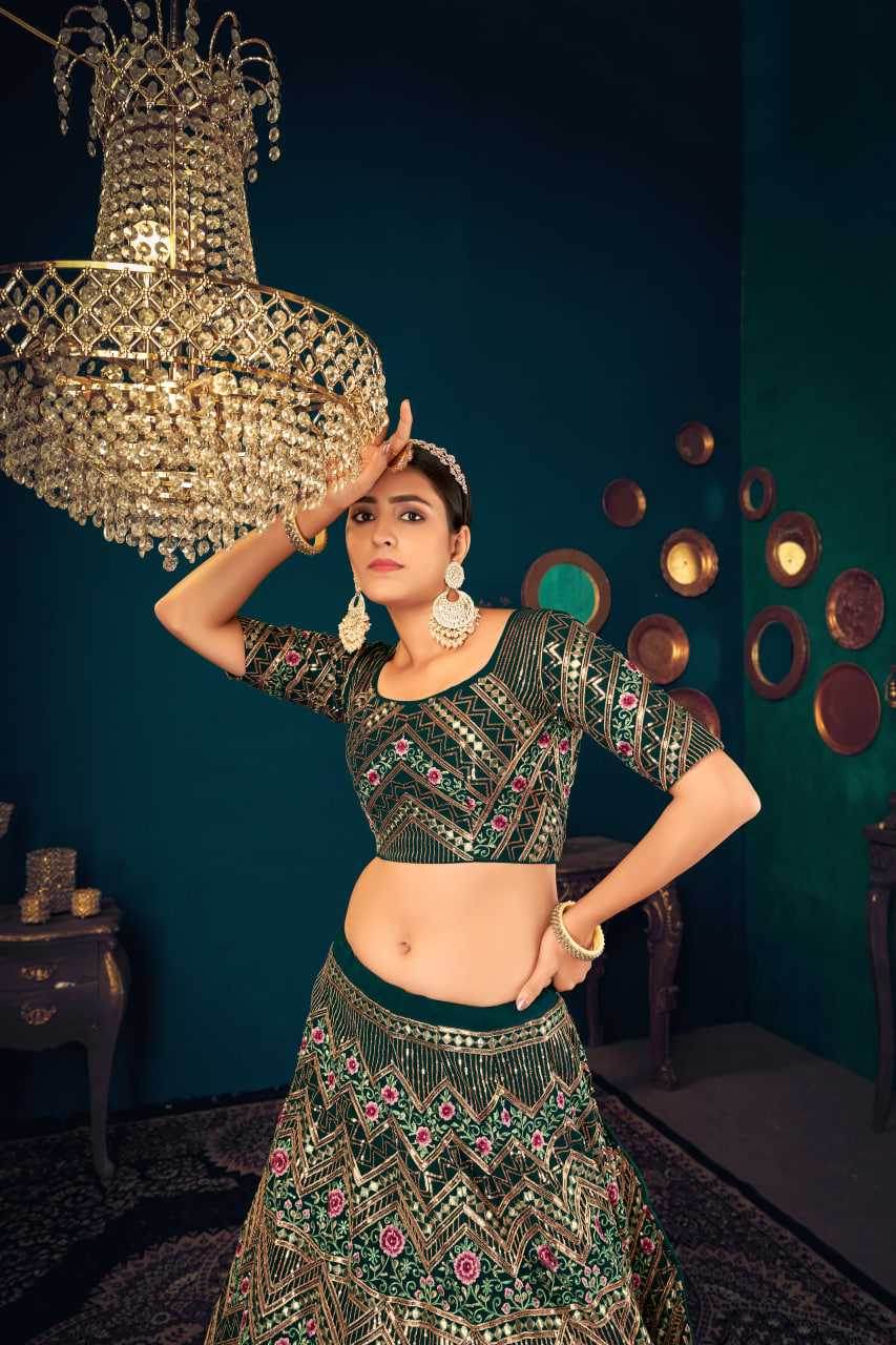 Embroidered Gota Patti Sequins Lehenga in Dark Green - MYLUXURY LANE ENTERPRISE