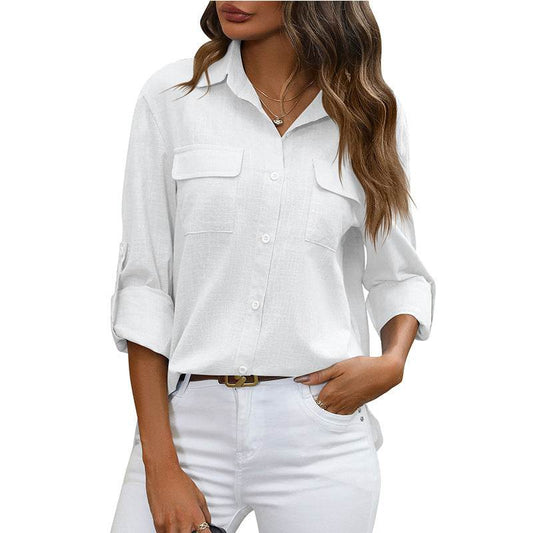 European And American Style Women Button Loose Shirt Solid Color Casual - MYLUXURY LANE ENTERPRISE