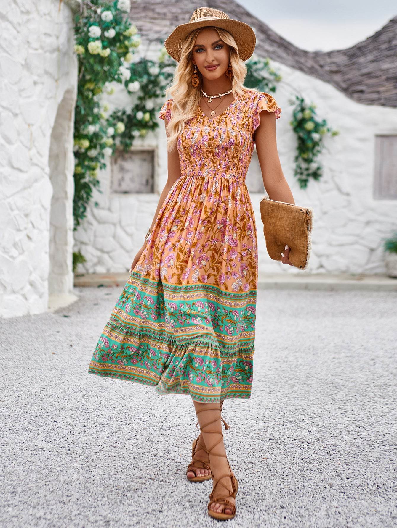 New Flowers Print V-neck Dress Summer Casual Ruffle Sleeveless Dresses Bohemian Holiday Beach Dress For Womens Clothing - MYLUXURY LANE ENTERPRISE