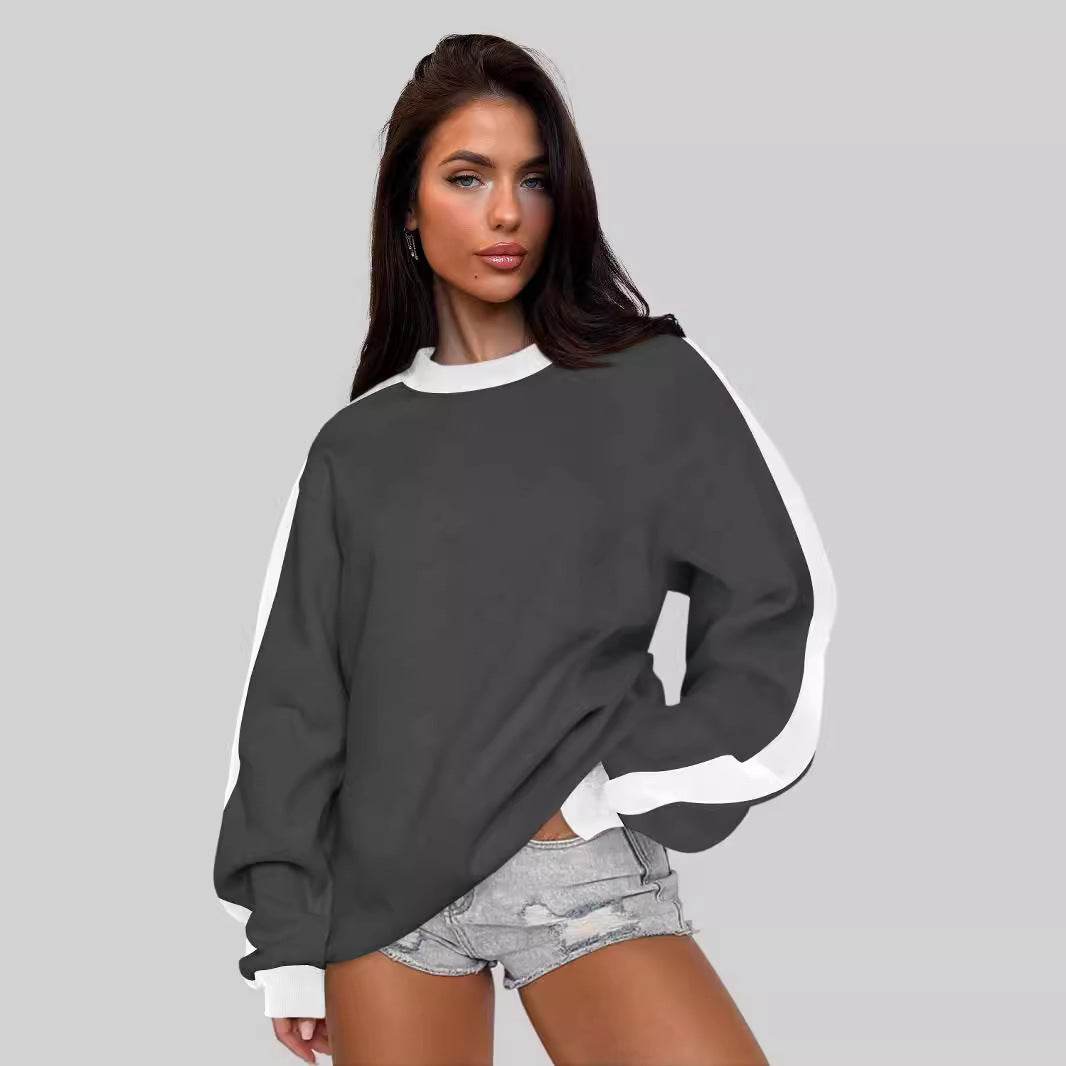 Women's Contrast Color Round Neck Loose Sweater Long-sleeved Top - MYLUXURY LANE ENTERPRISE