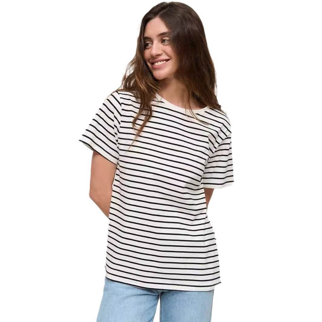 Striped T-shirt Women's Round Neck Black And White Stripes - MYLUXURY LANE ENTERPRISE