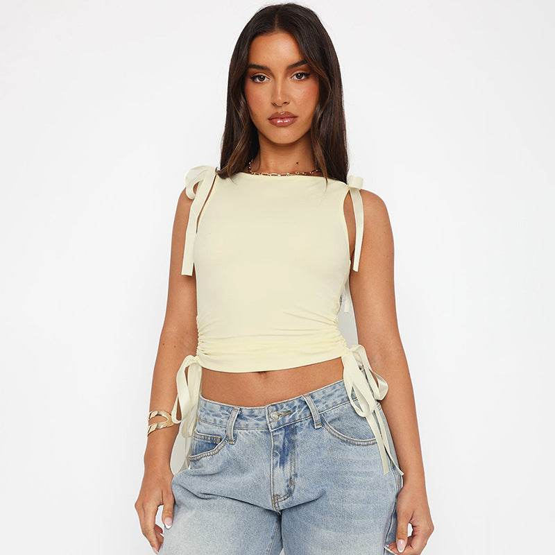 Navel Solid Color Ribbon Drawstring Top - MYLUXURY LANE ENTERPRISE