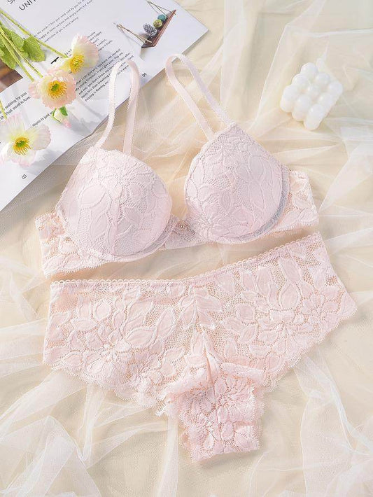 French Casual Steel Ring Lace Bra Panties Set Casual Push Up Fixed Cup Without Deformation - MYLUXURY LANE ENTERPRISE