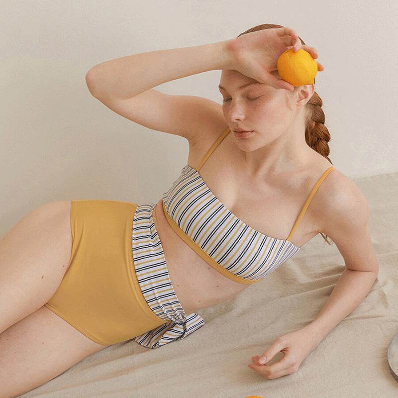 Split High Waist Swimsuit Contrast Color Striped Swimsuit - MYLUXURY LANE ENTERPRISE