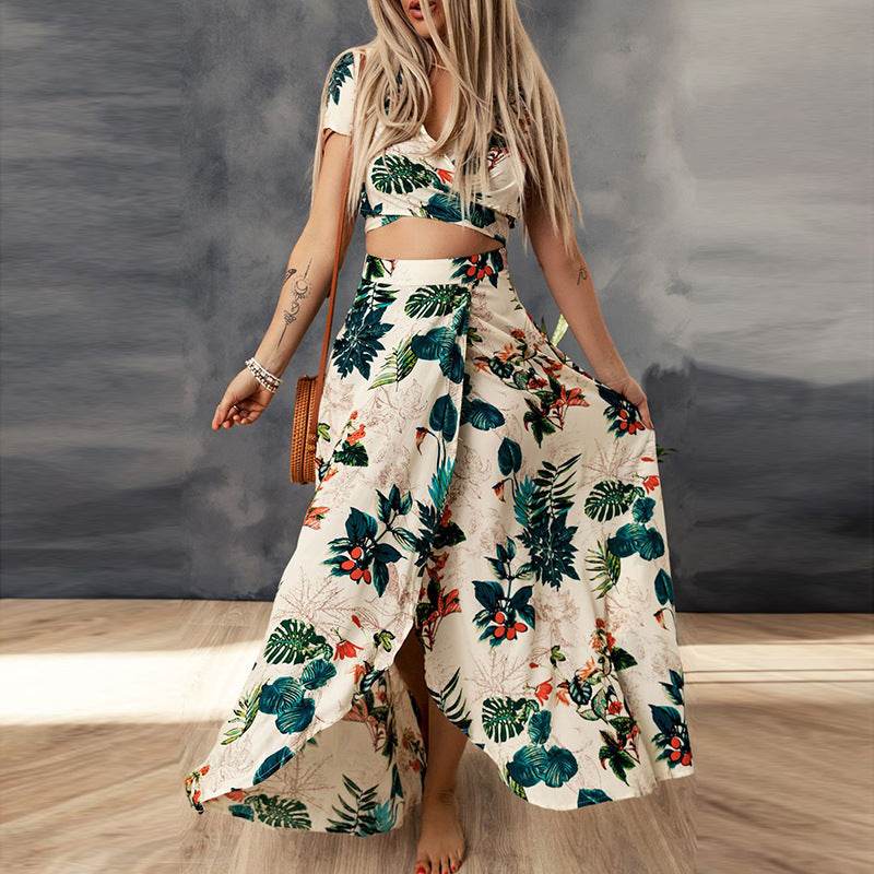 Summer Beach Style Plant Printed V-neck Short Sleeve Top High Waist Skirt - MYLUXURY LANE ENTERPRISE