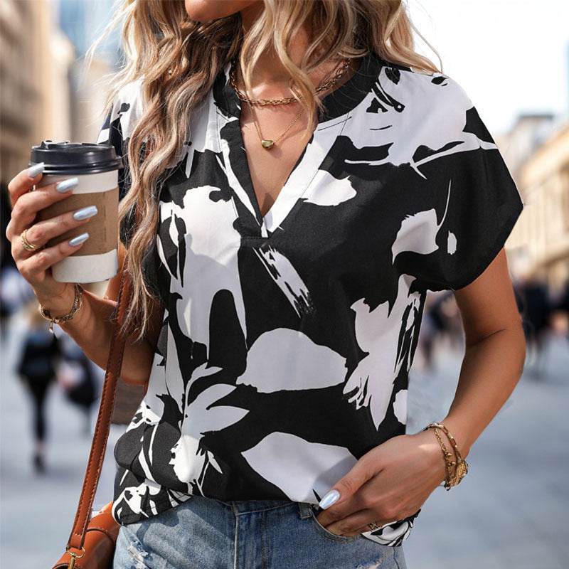 Women's Contrast Color Black And White V-neck Shirt - MYLUXURY LANE ENTERPRISE