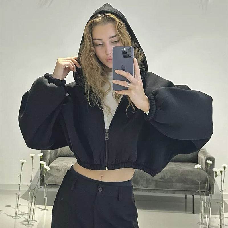 Casual Solid Color Hooded Short Jacket Y2K Fashion Sports Sweatshirt Long Sleeve Zip Up Cardigan Hoodies Women's Clothing - MYLUXURY LANE ENTERPRISE