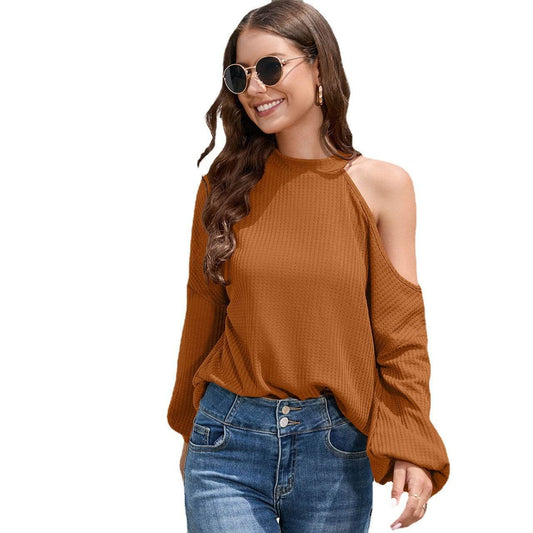 Off-the-shoulder Long Sleeve Crew Neck T-shirt Top Women - MYLUXURY LANE ENTERPRISE