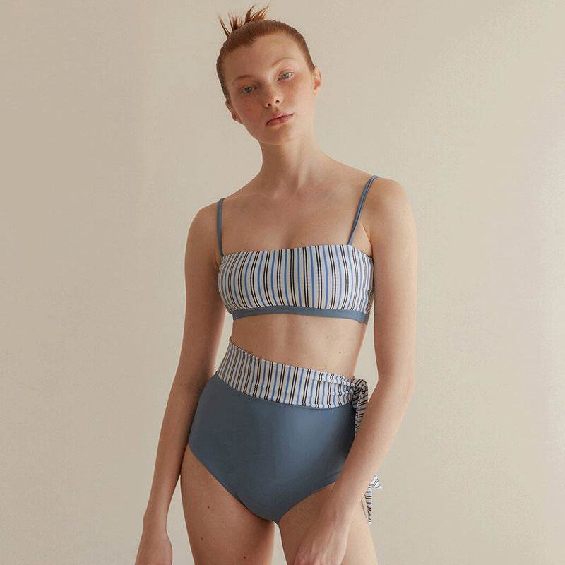 Split High Waist Swimsuit Contrast Color Striped Swimsuit - MYLUXURY LANE ENTERPRISE