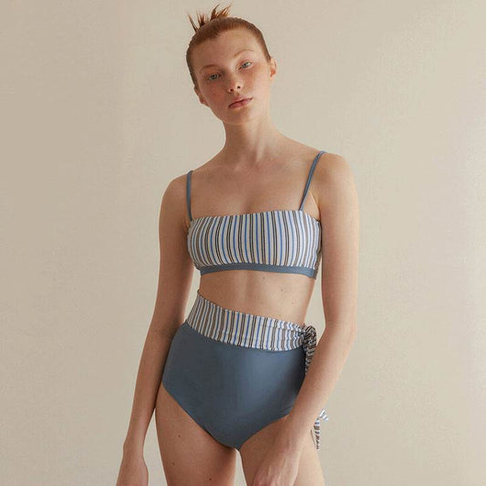 Split High Waist Swimsuit Contrast Color Striped Swimsuit - MYLUXURY LANE ENTERPRISE