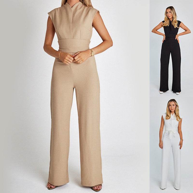 Fashion Elegant Long Sleeveless Jumpsuit Summer V-neck Casual Wide Leg Long Overalls Clothing For Women - MYLUXURY LANE ENTERPRISE