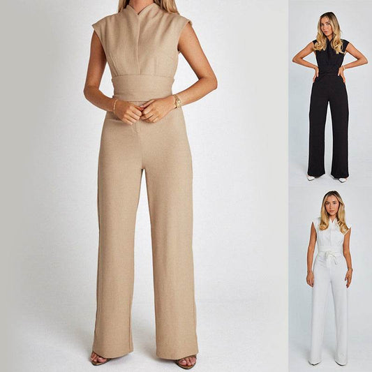 Fashion Elegant Long Sleeveless Jumpsuit Summer V-neck Casual Wide Leg Long Overalls Clothing For Women - MYLUXURY LANE ENTERPRISE