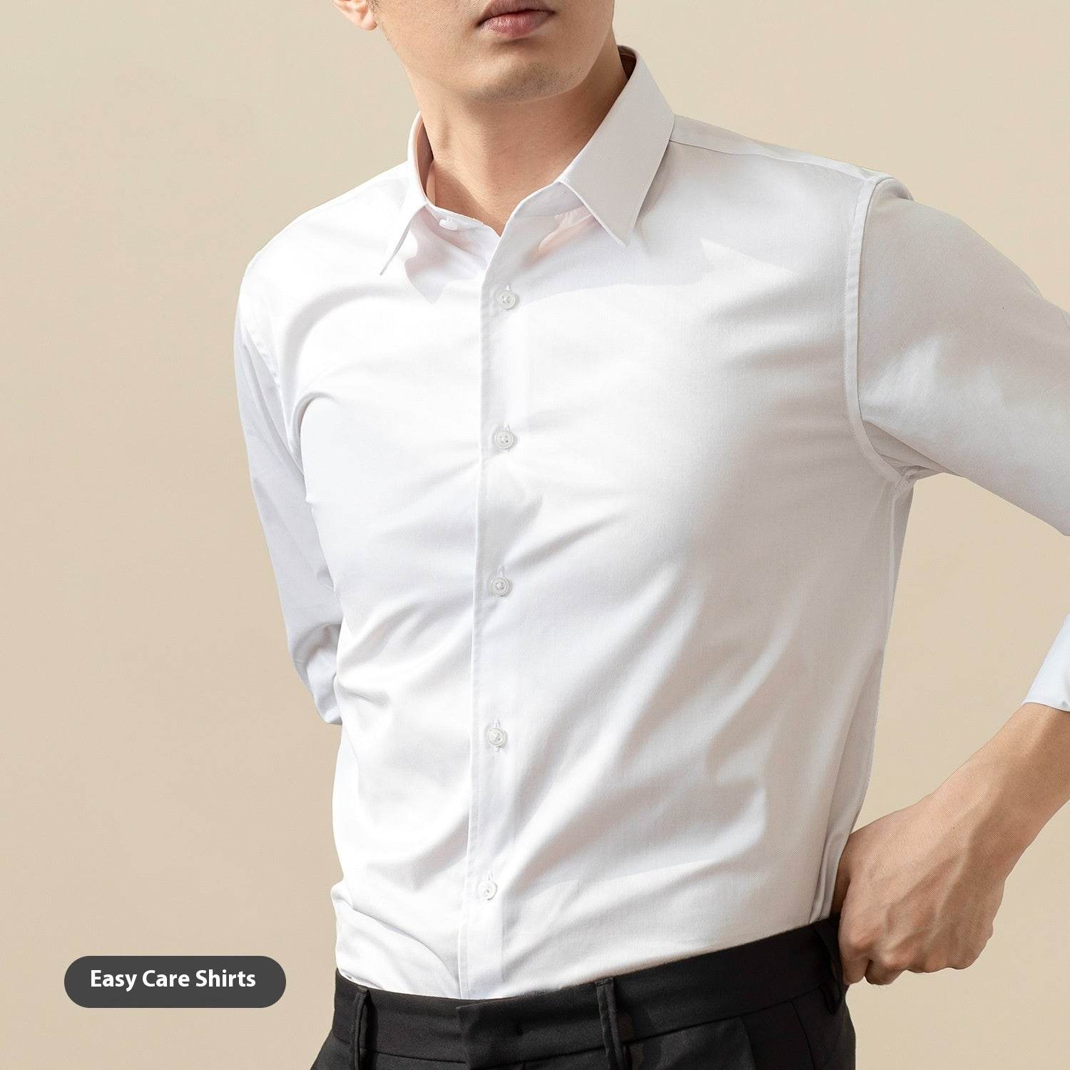 Long Sleeve White Shirt Men's Solid Color Stretch Slim-fitting Iron-free Anti-wrinkle Business Casual Men's Business Wear - MYLUXURY LANE ENTERPRISE
