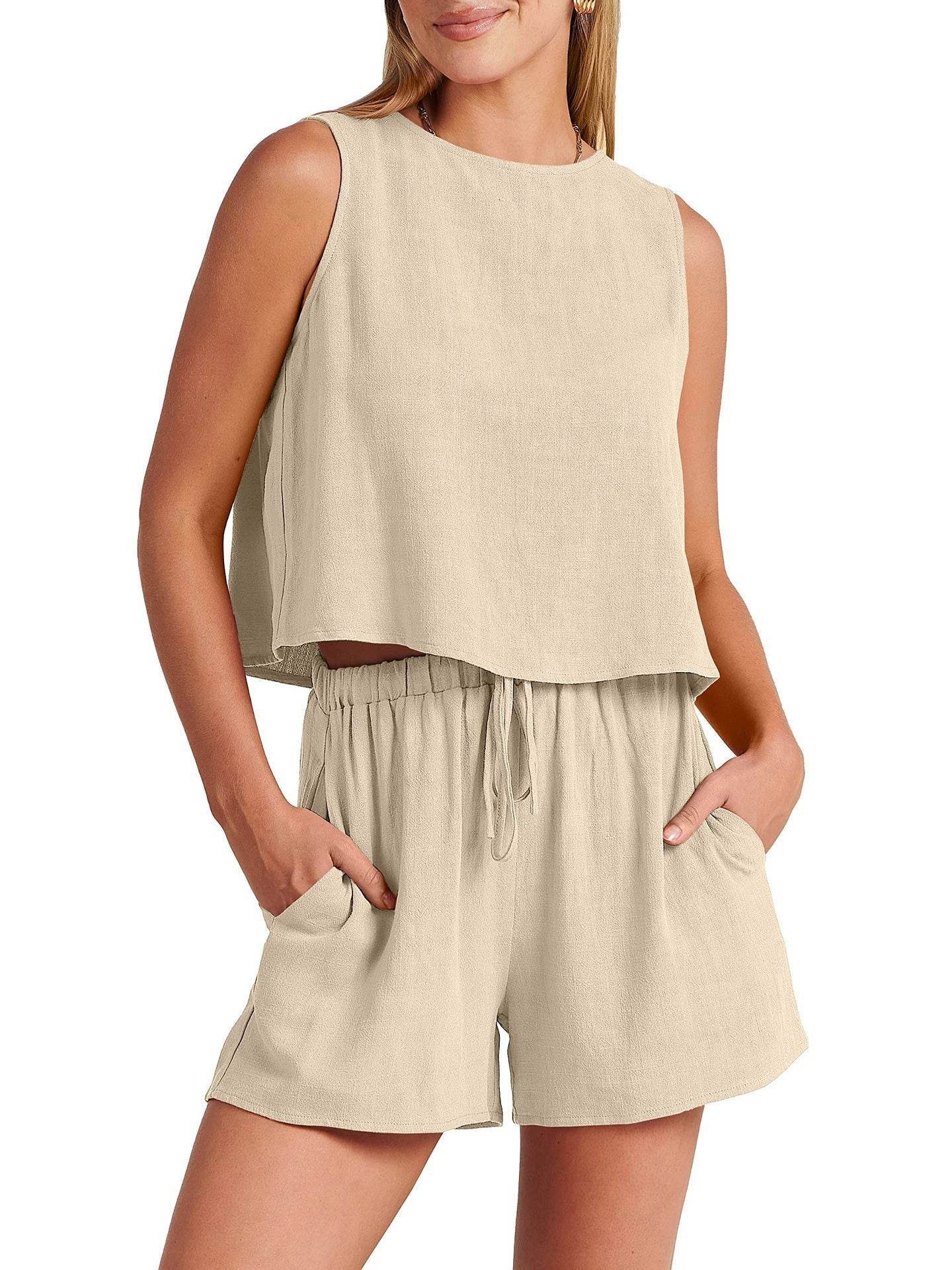 Women's Casual Sleeveless Loose Cotton Linen Shorts Two-piece Suit - MYLUXURY LANE ENTERPRISE