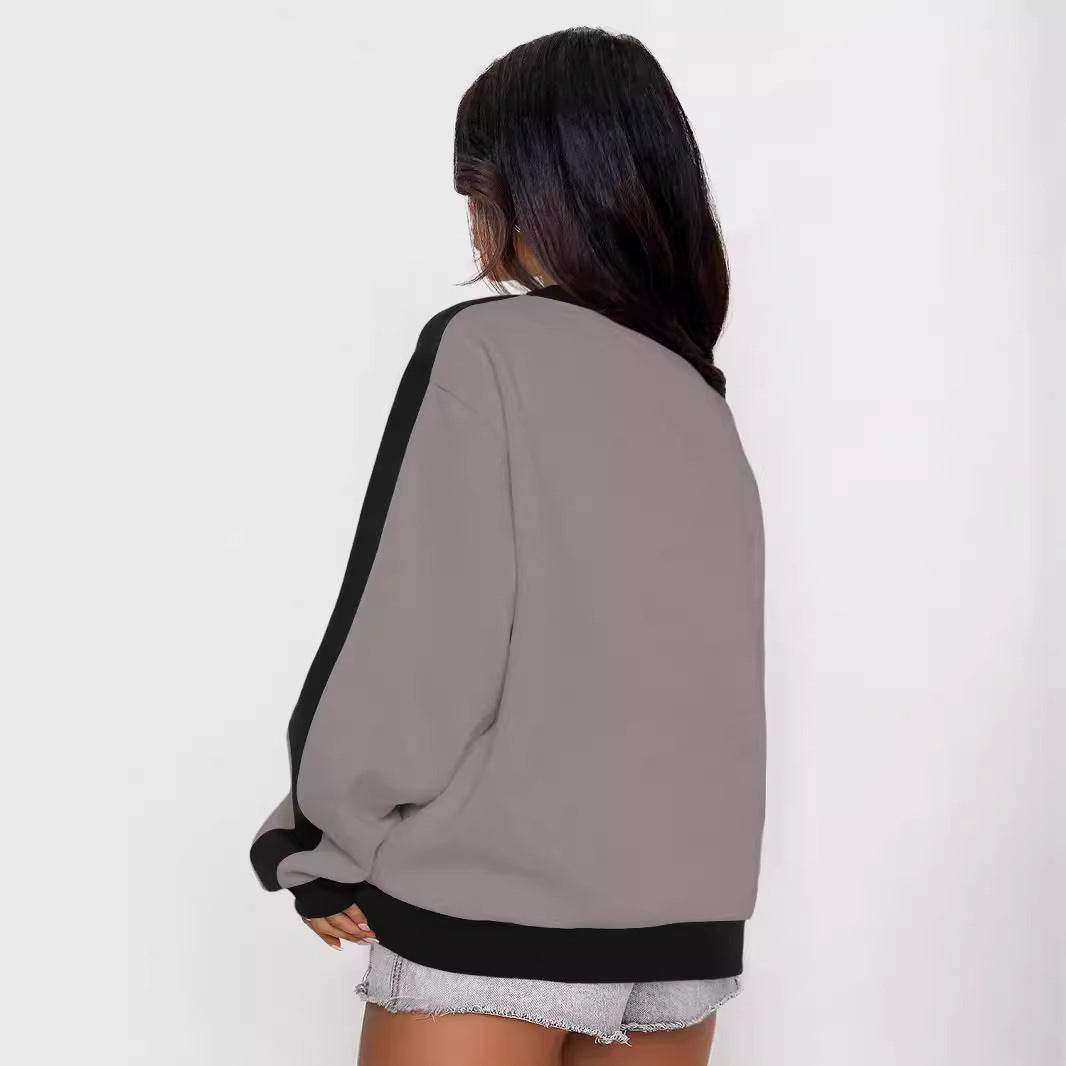 Women's Contrast Color Round Neck Loose Sweater Long-sleeved Top - MYLUXURY LANE ENTERPRISE
